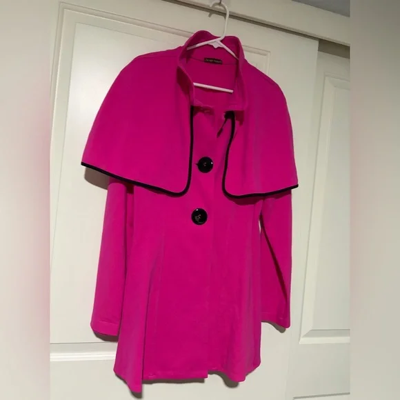 Design Today’s Vibrant Pink Cape Coat with Black Trim - Picture 6 of 7